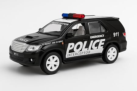 Police Interceptor Fortuner Toy Car – 15 cm Pull-Back Action Model | Black, Non-Toxic Plastic, Soft Edges | Realistic Design for Kids & Collectors