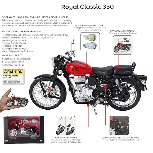 Royal Enfield Classic 350 Bullet Motorcycle Scale Model 1:15 – Interchangeable Fuel Tanks, Convertible Seats, Collectible for Enthusiasts