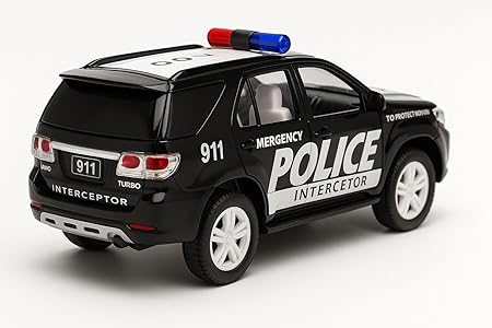 Police Interceptor Fortuner Toy Car – 15 cm Pull-Back Action Model | Black, Non-Toxic Plastic, Soft Edges | Realistic Design for Kids & Collectors