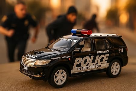Police Interceptor Fortuner Toy Car – 15 cm Pull-Back Action Model | Black, Non-Toxic Plastic, Soft Edges | Realistic Design for Kids & Collectors